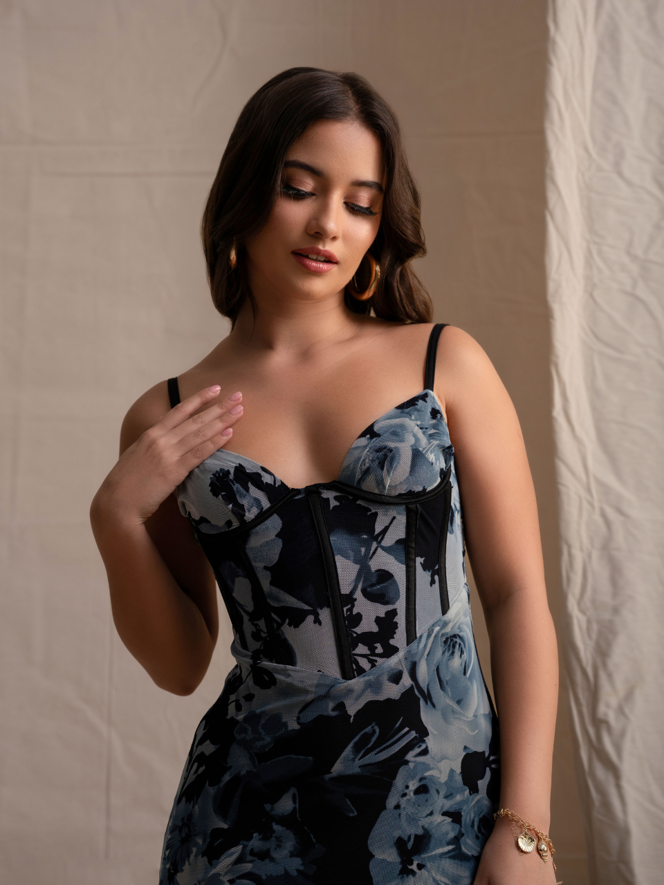 Aqua Ruffled Floral Corset Maxi