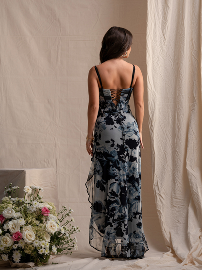 Aqua Ruffled Floral Corset Maxi