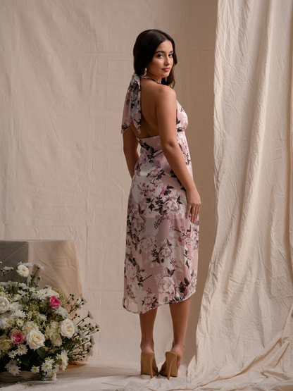 Cherry Blush Chiffon Floral Midi