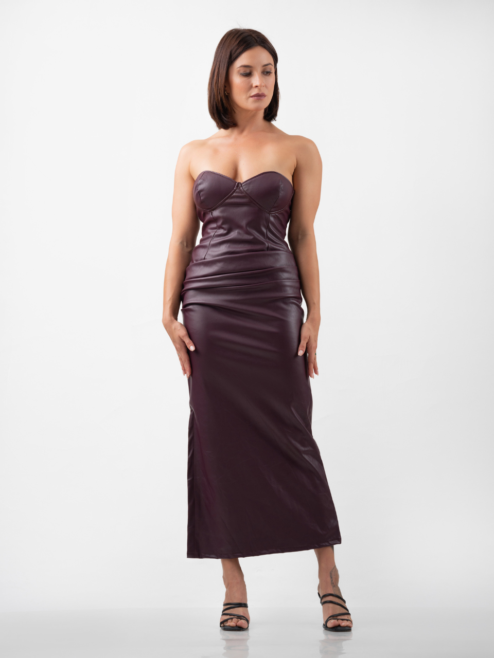 ⁠Cabernet Bodycon Leather Midi Dress