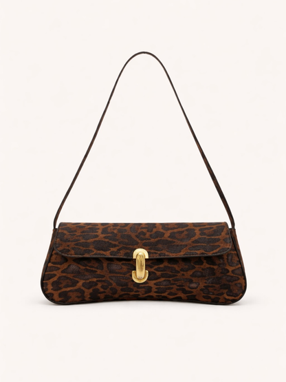 Leopard Print Buckle Detail Baguette Bag