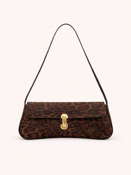 Leopard Print Buckle Detail Baguette Bag