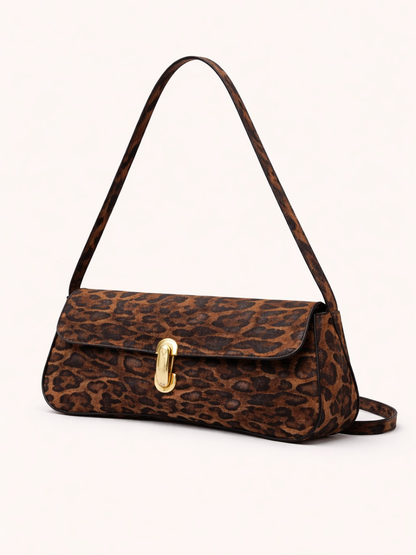 Leopard Print Buckle Detail Baguette Bag
