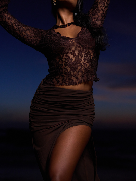 The Mocha Plunge Neckline Lace Top